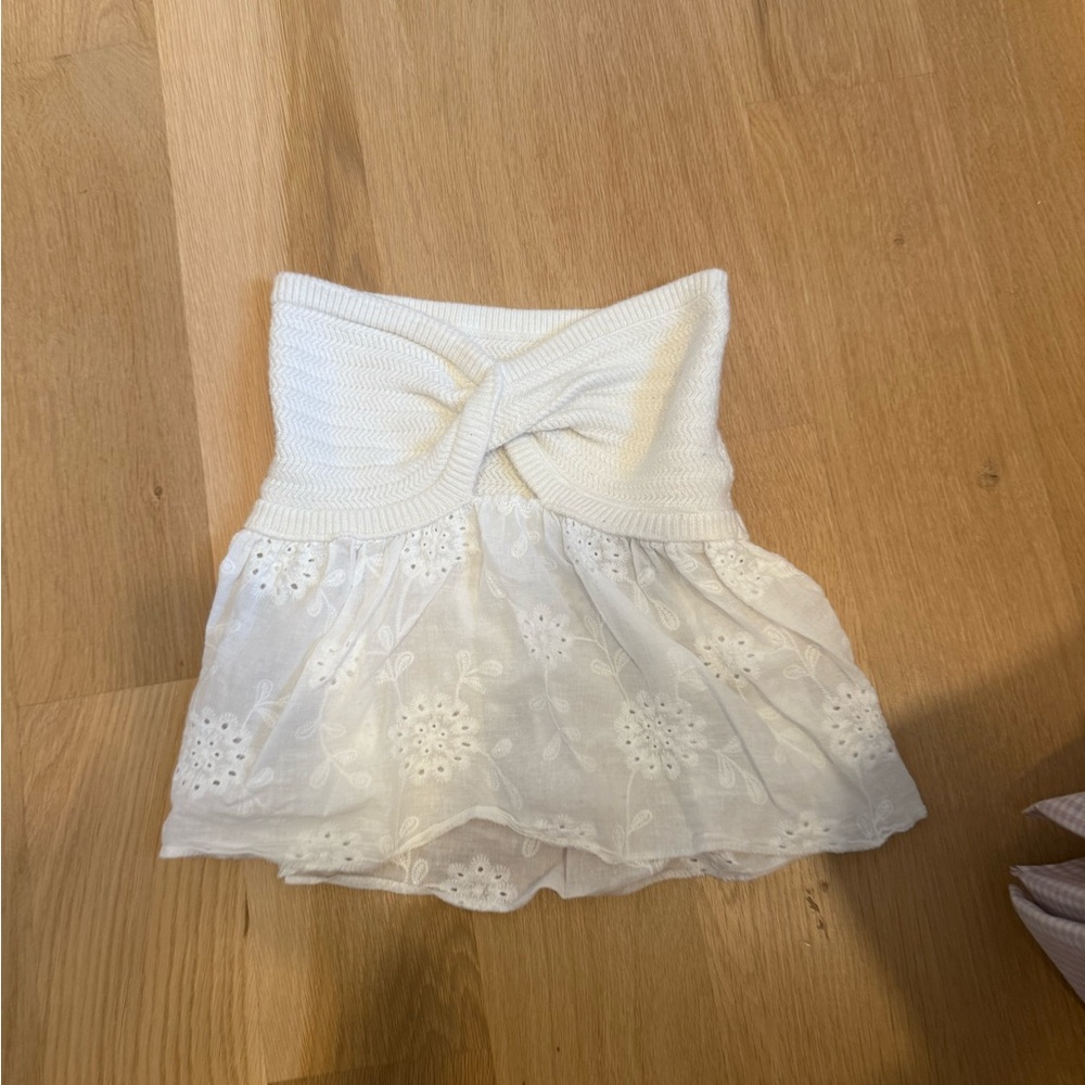 White Strapless Knit and Lace Top